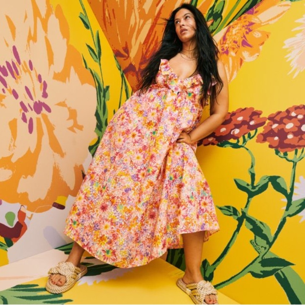 H&M Oversized Ruffle Floral Midi Dress